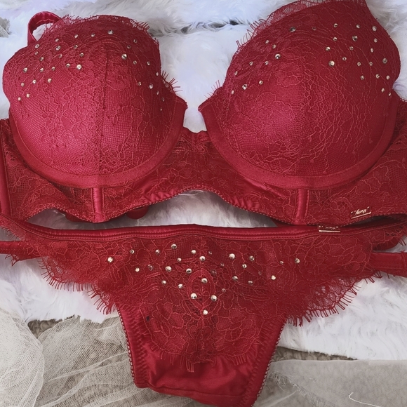 NWOT BRAS N THINGS sz 12B 2 piece lingerie set in Christmas red with diamantes - Picture 5 of 16